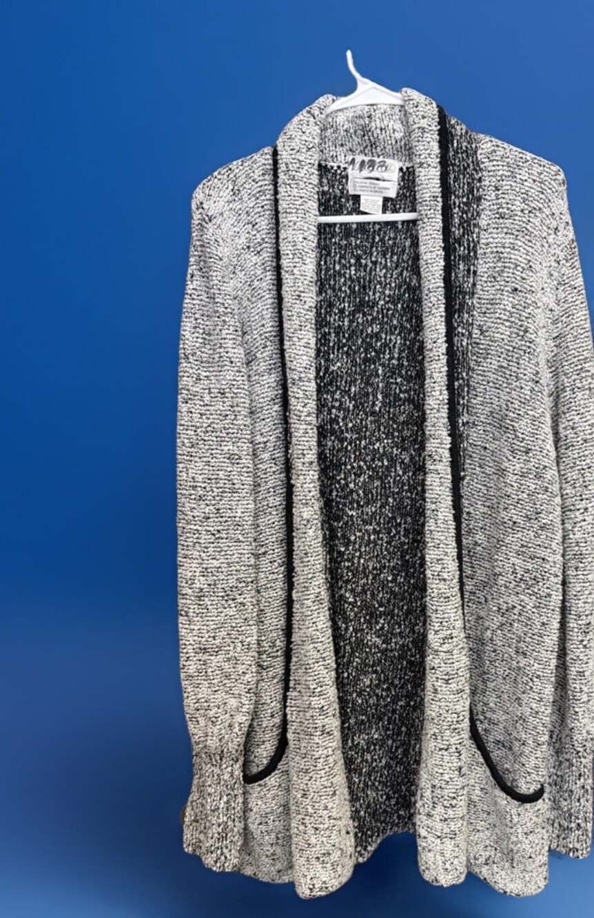 Vintage Knit Long Open Cardigan Sweater Jacket White Black L Grannycore